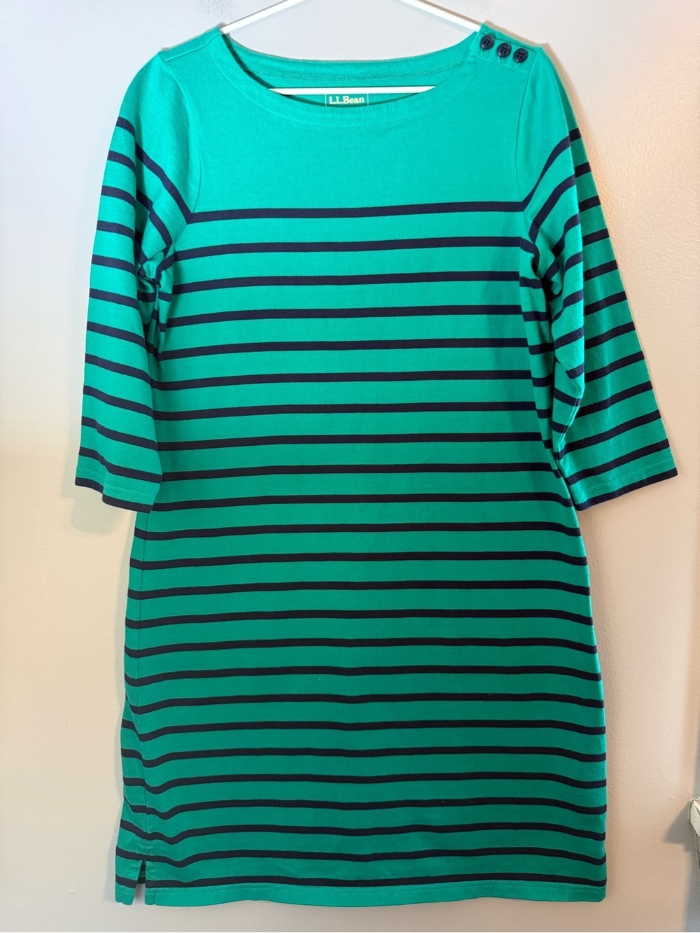 L.L Bean Green & Navy Nautical Stripe Sailor Dress Boat Neck 3/4 Sleeve Size M